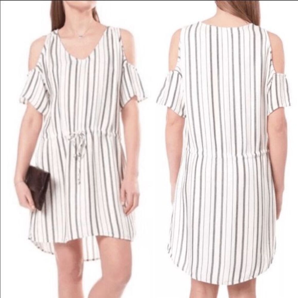 Anthropologie Cloth & Stone Cold Shoulder Dress Linen Blend Stripes Size Small